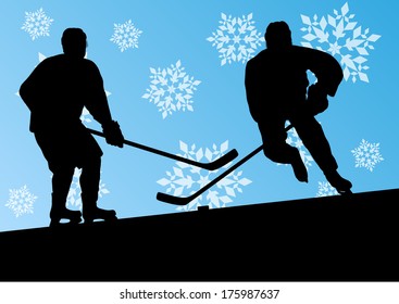 Active young men hockey players sport silhouettes in winter ice and snowflake abstract background illustration vector