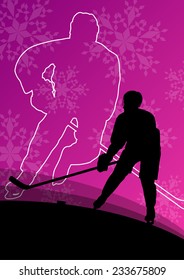 Active young men hockey players sport silhouettes in winter ice and snowflake abstract background illustration vector