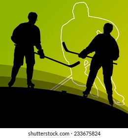 Active young men hockey players sport silhouettes in winter ice abstract background illustration vector