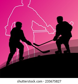 Active young men hockey players sport silhouettes in winter ice abstract background illustration vector