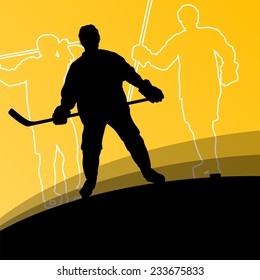 Active young men hockey players sport silhouettes in winter ice abstract background illustration vector