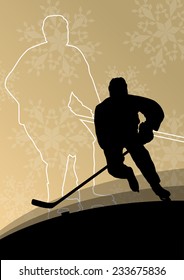 Active young men hockey players sport silhouettes in winter ice and snowflake abstract background illustration vector
