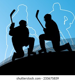 Active young men hockey players sport silhouettes in winter ice abstract background illustration vector