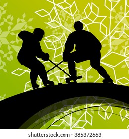 Active young men hockey players sport silhouettes in seasonal ice and snowflake abstract background illustration vector