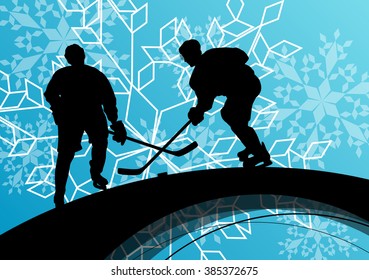 Active young men hockey players sport silhouettes in seasonal ice and snowflake abstract background illustration vector