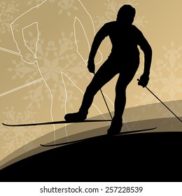Active young men skiing sport silhouettes on winter ice and snowflake abstract background 