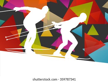 Active young men skiing sport silhouettes in winter ice abstract background illustration vector