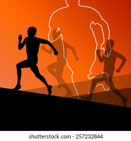 Active young men sport athletics hurdles barrier running silhouettes illustration 