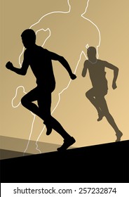 Active young men sport athletics hurdles barrier running silhouettes illustration 