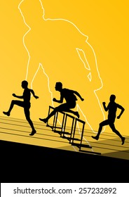 Active young men sport athletics hurdles barrier running silhouettes illustration