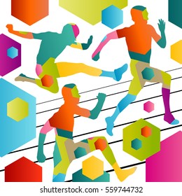 Active young men sport athletics hurdles barrier running silhouettes abstract background illustration