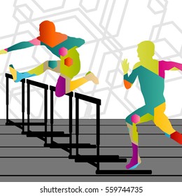 Active young men sport athletics hurdles barrier running silhouettes abstract background illustration