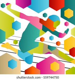 Active young men sport athletics hurdles barrier running silhouettes abstract background illustration