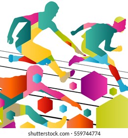 Active young men sport athletics hurdles barrier running silhouettes abstract background illustration