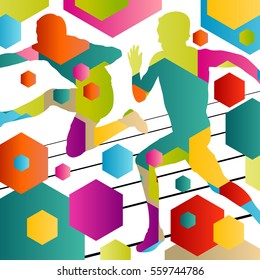 Active young men sport athletics hurdles barrier running silhouettes abstract background illustration