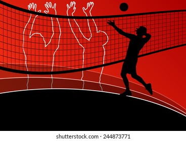 Active young men volleyball player sport silhouettes in abstract background illustration vector