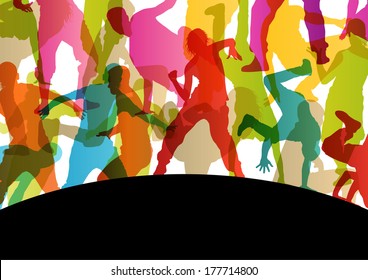 Active young men and women street break dancers silhouettes in abstract background illustration vector