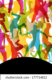 Active young men and women street break dancers silhouettes in abstract background illustration vector