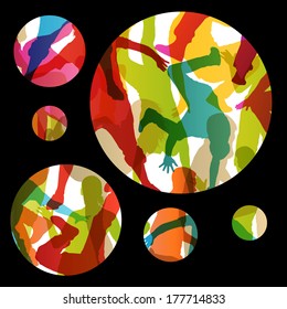 Active young men and women street break dancers silhouettes in abstract background illustration vector