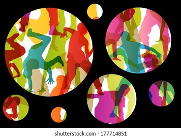 Active young men and women street break dancers silhouettes in abstract background illustration vector