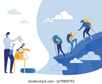 Active Young People Climbing Mountains and Packing Backpacks for Future Journey. Mountaineering, Trekking and Hiking. Outdoor Recreation, Adventures in Nature, Vacation. Flat Vector Illustration.