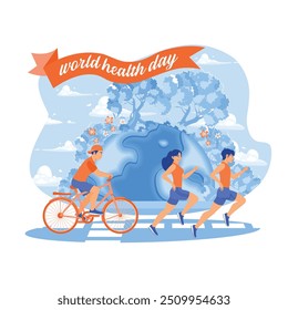 Active young people. People exercise by running and cycling. World Health Day concept. Flat vector illustration.