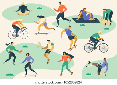 Jovens ativos. Estilo de vida saudável. Patins, corrida, bicicleta, corrida, caminhada, ioga. Elemento de design colorido. Ilustrações vetoriais.