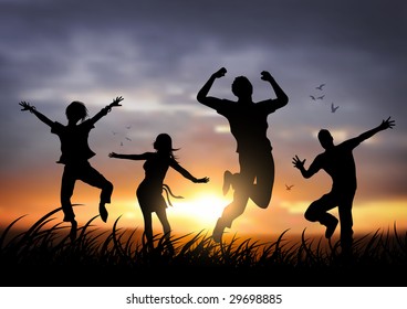 Active young people jumping against a sunset.