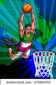 Active young player playing game of Basketball sport. Vector illustration