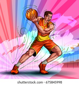 Active young player playing game of Basketball sport. Vector illustration
