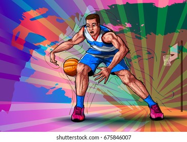 Active young player playing game of Basketball sport. Vector illustration