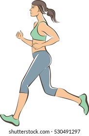 Active young  running girl outline vector illustration