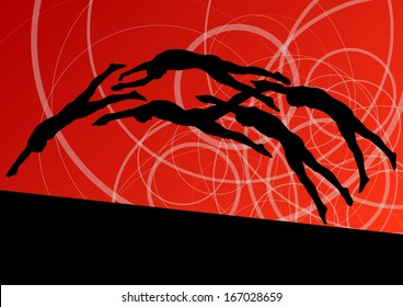 Active young swimmers diving and swimming in water sport pool silhouettes vector abstract background illustration