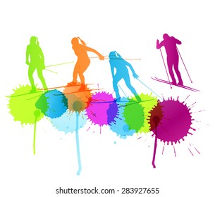 Active young woman cross country skiing sport silhouette vector background concept with color splashes