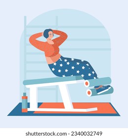 Active young woman doing abs in the gym. Healthy lifestyle for women. Morning training in gym concept. Strengthening muscles of body. Flat vector illustration in blue and orange colors