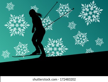 Active young woman girl skiing sport silhouette in winter ice and snowflake abstract background illustration vector