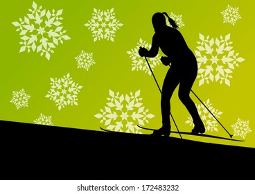 Active young woman girl skiing sport silhouette in winter ice and snowflake abstract background illustration vector