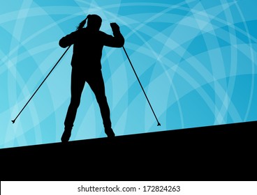 Active young woman girl skiing sport silhouette in winter ice and snow abstract background illustration vector