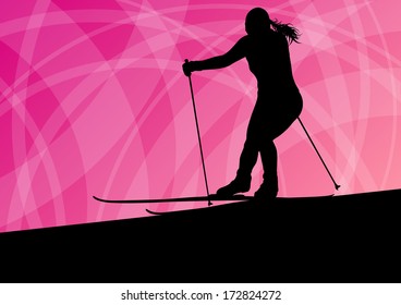 Active young woman girl skiing sport silhouette in winter ice and snow abstract background illustration vector