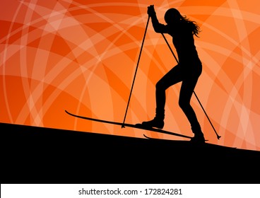 Active young woman girl skiing sport silhouette in winter ice and snow abstract background illustration vector