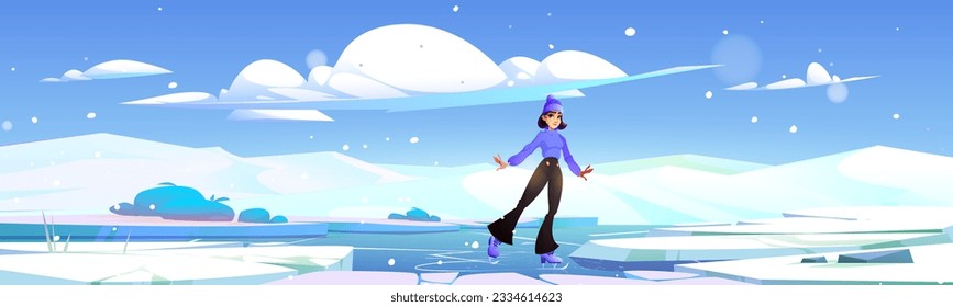 Mujer joven activa patinando en el exterior. Dibujo vectorial de personaje femenino disfrutando del hobby deportivo en un lago helado rodeado de colinas nevadas blancas, nubes en cielo azul, paisaje escandinavo