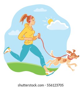 Active young woman jogging in the park with her dog on a bright day.