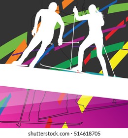 Active young woman and man skiing sport silhouettes in winter abstract line background outdoor illustration vector