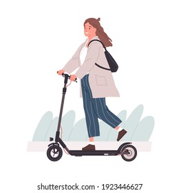 Mujer joven activa montando moto eléctrica. Carácter femenino moderno conduciendo el transporte eco-urbano. Ilustración vectorial plana coloreada aislada en fondo blanco