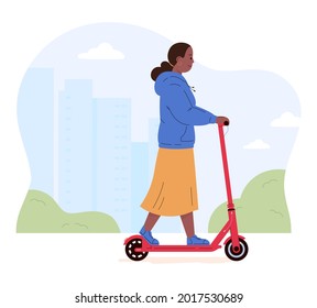 Mujer joven activa montando moto eléctrica. Caracter femenino conduciendo transporte eco-urbano en la ciudad. Concepto de estilo de vida activo. Ilustración vectorial plana de color aislada en fondo blanco.