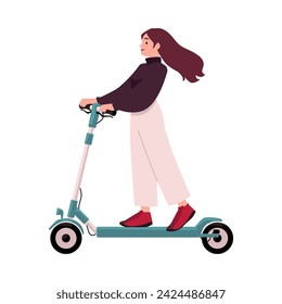 Mujer joven activa que monta scooter eléctrico. Transporte urbano ecológico moderno de la conducción femenina. Dibujos animados de la muchacha del deporte tienen la ilustración vectorial del carácter divertido aislada en el fondo blanco