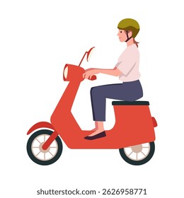 Active young woman riding motorbike. Cartoon modern female in a helmet driving ecological urban transport. Vector flat illustration isolated on white. ECO lifestyle. Save environment