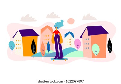 Active young woman riding a skateboard and listening music on headset in city park with trees, buildings in colorfull background. Cartoon female character. Healthy lifestyle concept.
