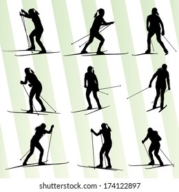 Active young woman skiing set sport silhouette vector background concept