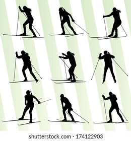 Active young woman skiing set sport silhouette vector background concept